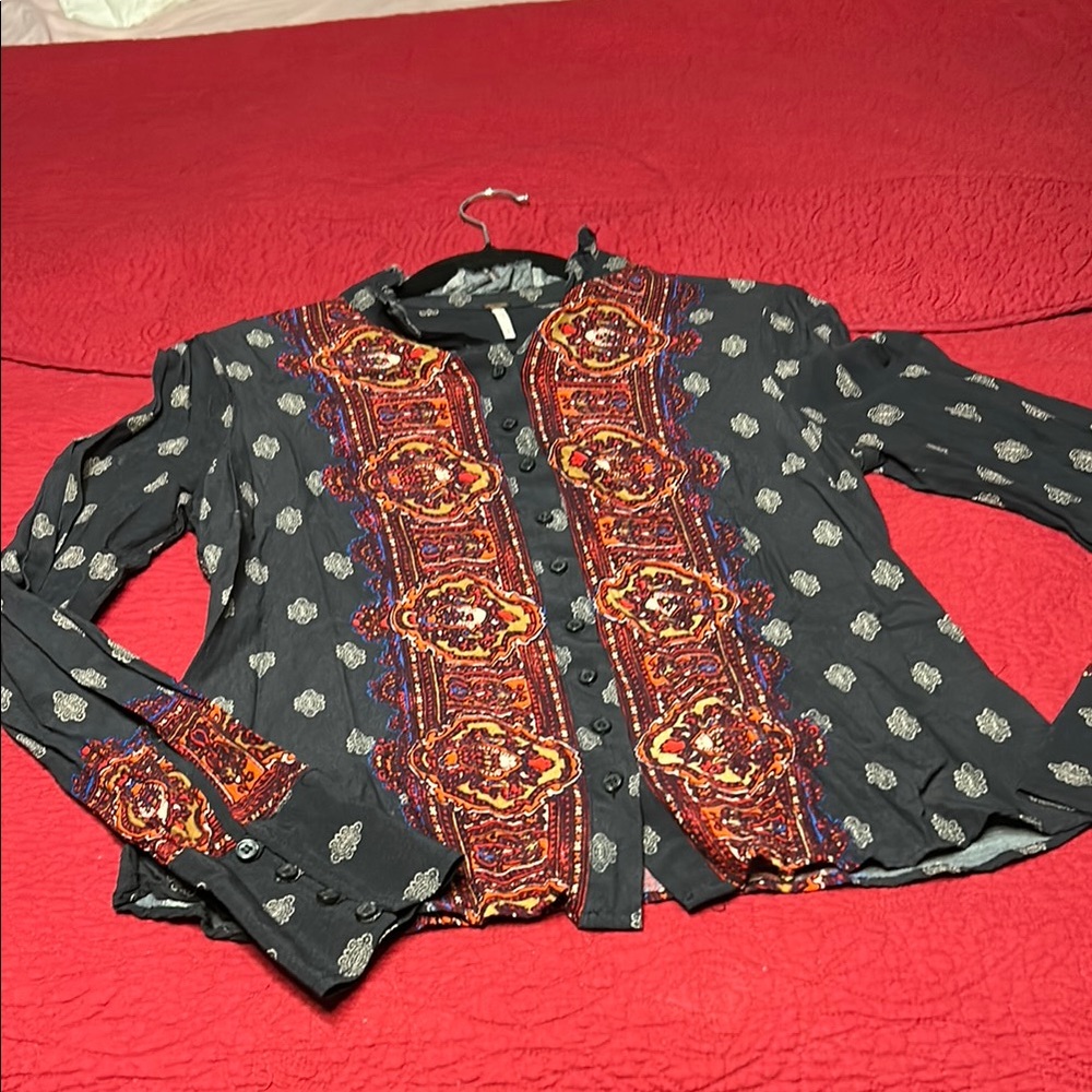 Free People Black and Red Patterned Blouse size small
